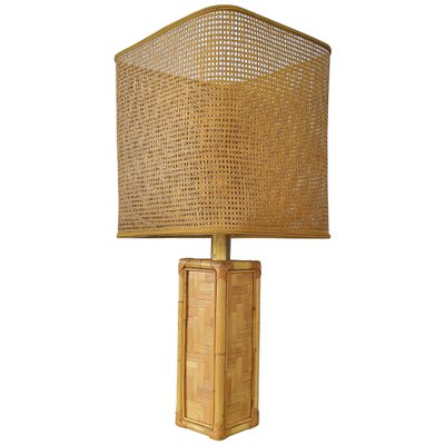 Vintage Italian Rattan Bamboo Cane Brass Table Lamp 1950s