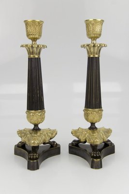 French Empire Style Bronze And Brass Candlesticks On Tripod Base Set Of 2 For Sale At Pamono