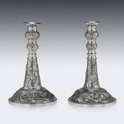 19th Century Chinese Solid Silver Candlesticks by Wang Hing 1890 Set of 2