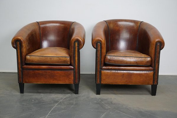 Vintage Dutch Cognac Leather Club Chairs Ottoman Set Of 3 For Sale At Pamono