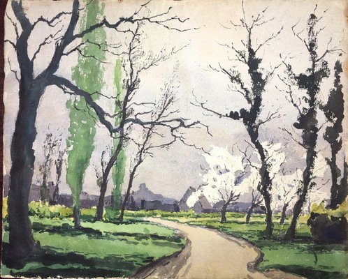 Dessin Original Aquarelle Art Nouveau 1920 - Projet De Couverture Décor Fleurs Et Arbres