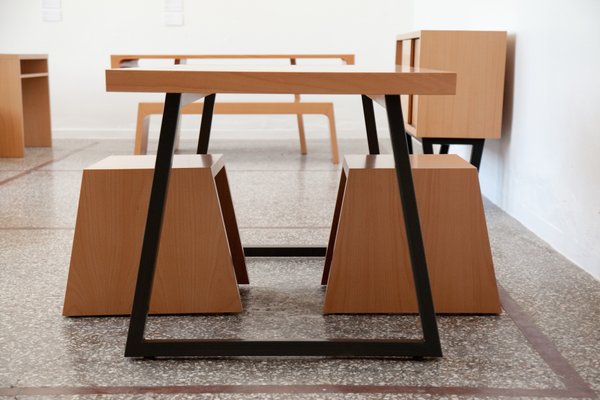 Minimalist European Handmade Table Of Lined Beech Wood And Metal Base By Maria Vidali For Sale At Pamono Minimalist European Handmade Table Of Lined Beech Wood And Metal Base By Maria Vidali For Sale At Pamono