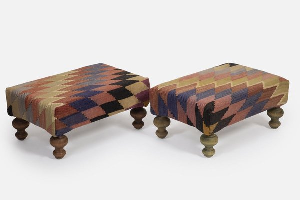 Small Kilim Ottomans With Wooden Legs From Vintage Pillow Store Contemporary Set Of 2 For Sale At Pamono