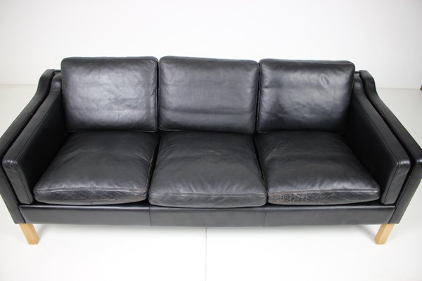 Danish Black Leather 3 Seat Sofa 1960s, Black Leather 3 Seater Sofa