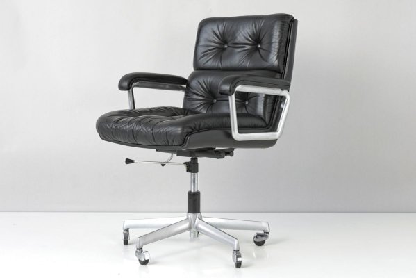 Desk Chair On Wheels In Black Leather From Girsberger 1976 For Sale At Pamono