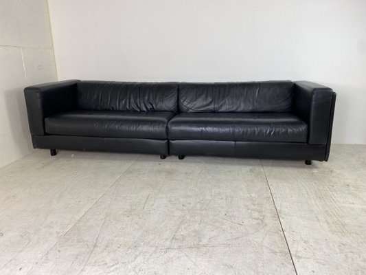 Large Modernist Vintage Black Leather, Room And Board Hess Leather Sofa