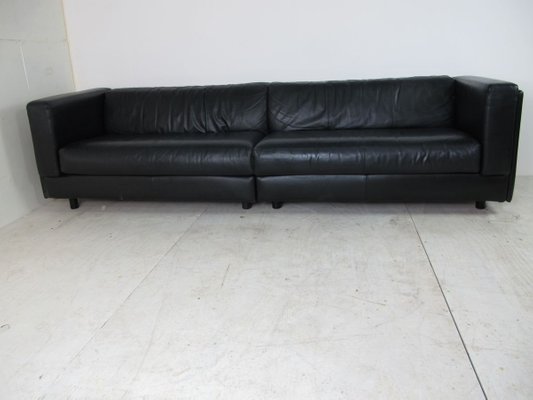 Large Modernist Vintage Black Leather, Hess Leather Sofa