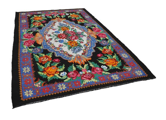 Black Romanian Handwoven Tribal Vintage Kilim Carpet For Sale At Pamono