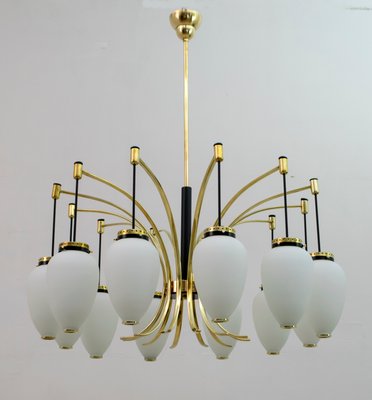 Mid Century Modern Brass And Opaline Glass 12 Light Chandelier From Stilnovo Italy 1950s For At Pamono Opaline Glass 12 Light Chandelier, Mid Century Modern Brass Chandelier