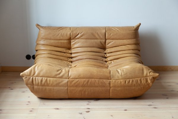 Camel Brown Leather Togo Sofa And Pouf, Camel Leather Couch