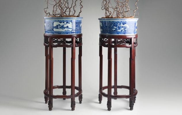 Chinese Porcelain Planters with Rosewood Pedestals, 1900s, Set of 2