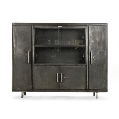 French Industrial Glass Storage Cabinet, Black Metal And Glass Storage Cabinet