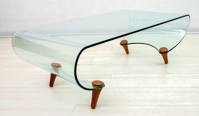 Italian Postmodern Curved Glass Tango, Curved Wood And Glass Coffee Table