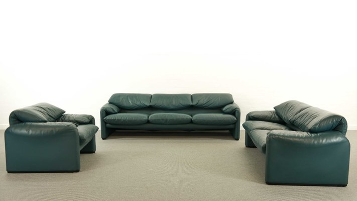Dark Green Petrol Colored Leather Maralunga 3 Seat Sofa By Vico Magistretti For Cassina 2000s For Sale At Pamono
