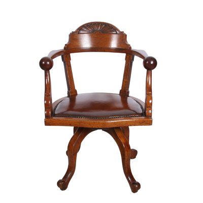 English Oak Desk Chair With Leather, Antique Oak Chairs With Cushion