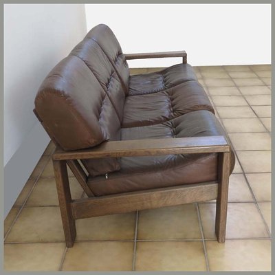 Vintage German Three Seater Leather, Wood Leather Sofa