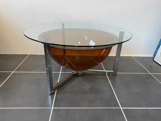 Low Round Glass And Plexiglass Coffee Table With Chrome Base 1970s For Sale At Pamono