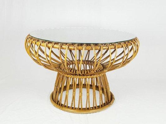 Mid Century Round Italian Glass Rush Rattan Coffee Table For At Pamono - Round Rattan Coffee Table With Stools