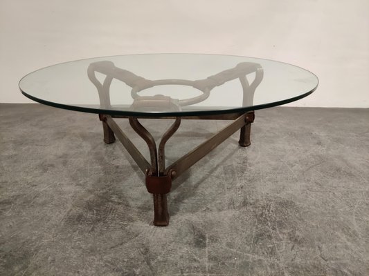 Iron And Leather Coffee Table By, Vintage Round Leather Top Coffee Table