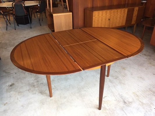 Round German Teak Walnut Dining Table, Mid Century Modern Round Dining Table With Leaf