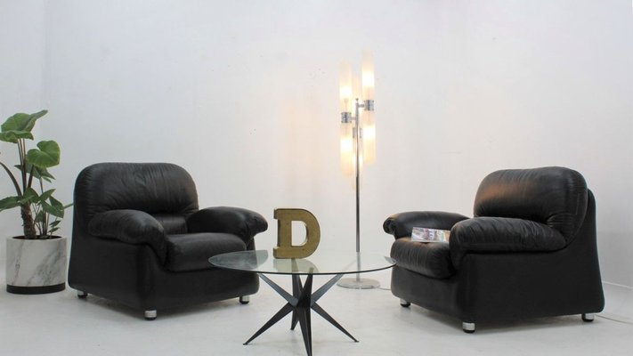 Vintage Black Leather Lounge Chairs 1970s Set of 2 for sale at
