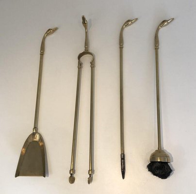 Ensemble d'outils de cheminée en laiton français antique à motif de chasse des années 1900 - En vente sur France