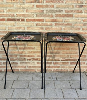 Mid-Century Black Metal Serving Trays on Folding Stand from
