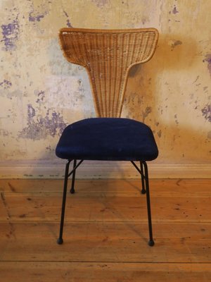 Italian Rattan Black Metal Blue Velvet Dining Chairs 1950s