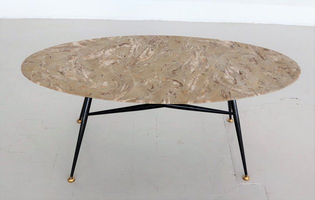 Vintage Coffee Table With Oval Marble, Brass Marble Top Coffee Table