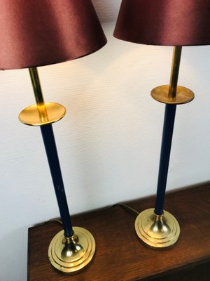 French Empire Style Gilded Table Lamps, Dark Red Table Lamp Shades