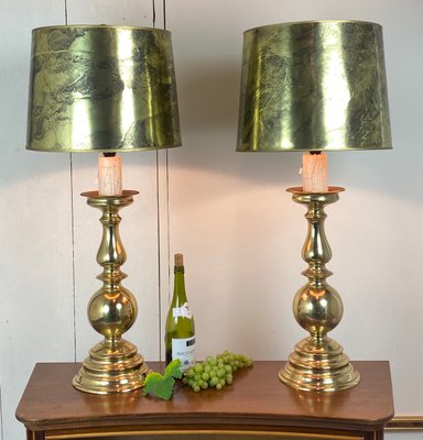 Large Antique Brass Table Lamps 1950s, Vintage Brass Lamps