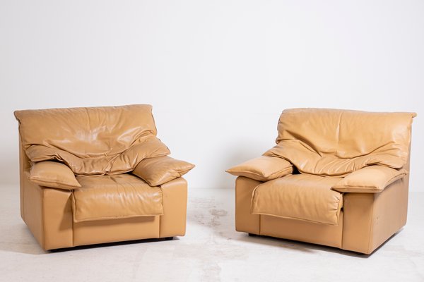 Vintage Italian Camel Leather Armchairs, Leather Look Sofa Set