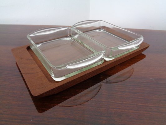 Retro Teak and Glass Large Hors d'Oeuvre Serving Dishes Platter West Germany