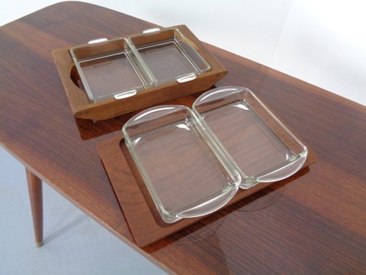 1960s Denmark Serving Snack Tray Set Teak & Glass Lüthje Wood Denmark 1