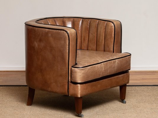 Brown Leather Art Deco Club Chair, Small Leather Club Chair