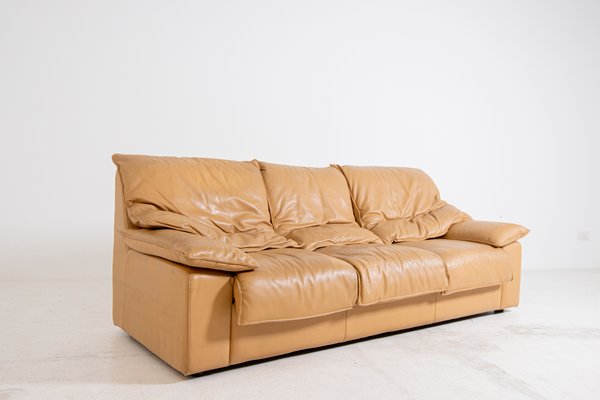 Vintage Italian Camel Colored Leather 3 Seat Sofa 1970s