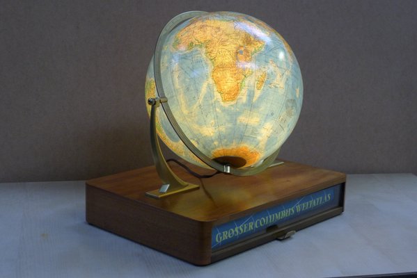 Globe Terrestre Illuminé avec Suspension Semi-Cardan & Grand Tiroir Atlas  de Columbus Oestergaard, 1960s en vente sur Pamono