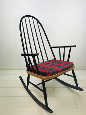 Vintage Scandinavian Black Beech Oak, Windsor Back Rocking Chair Cushions