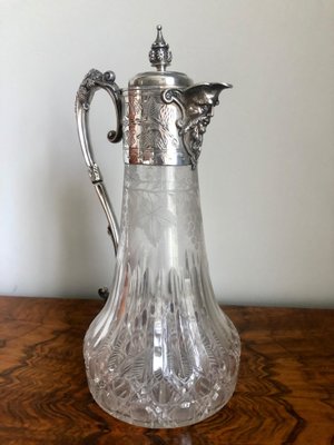 Antique Victorian Etched Glass and Silver Plated Claret Jug for