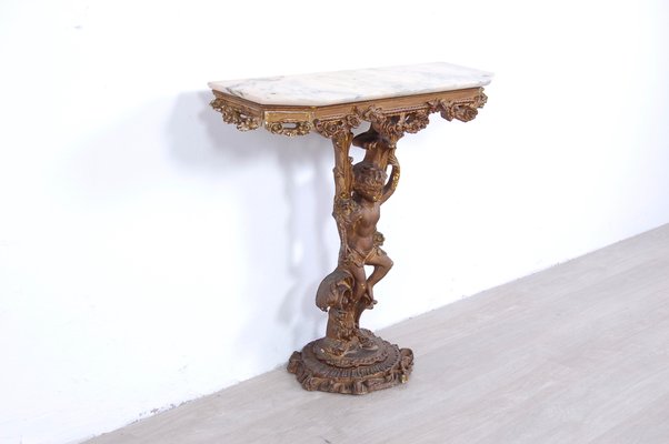 Carved Wooden Console Table With Marble, Marble Top Wood Console Table