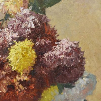Tableau ancien, Natures Mortes, Bouquet deDahlias, Roses et Hortensias, Huile Sur Toile, 19ème siècle
