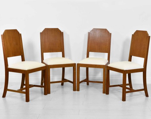 Art Deco Oak And Leather Dining Chairs, Leather Dining Chair Set Of 4