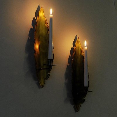 1960s Danish pair of Brass brutalist wall candle holders by Svend Aage Holm-S\u00f8rensen