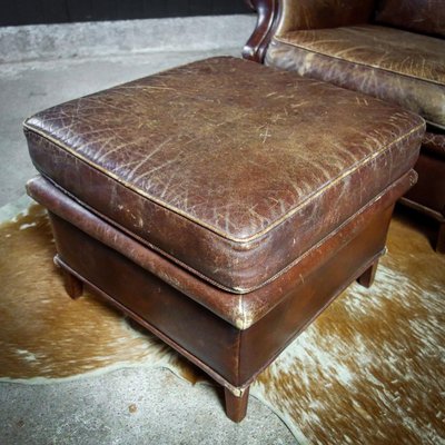 Vintage Brown Leather Chair With, Brown Leather Ottoman