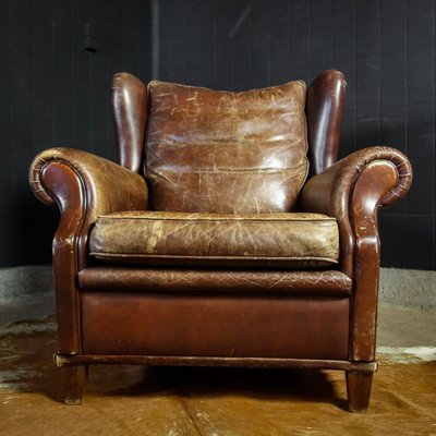 Vintage Brown Leather Chair With, Leather Chair With Ottoman Set