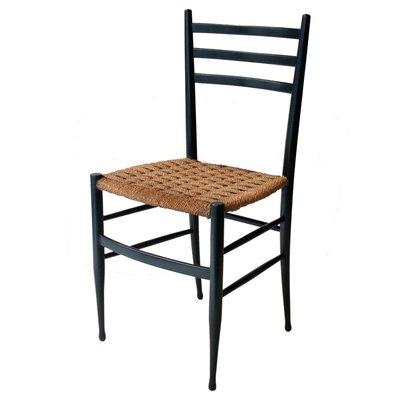 Mid Century Black Lacquered Natural Fiber Chairs Italy 1950s Set of 4