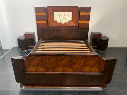 Art Deco Rosewood Walnut Bed Frame with Carved Headboard by Ducrot 1922