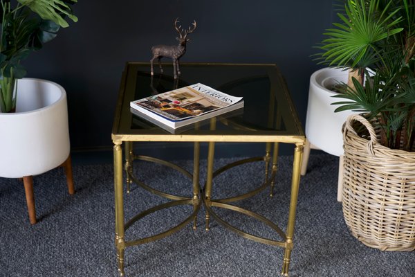 French Hollywood Revival Brass Glass Coffee Table D Shaped