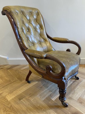 Early Gillows Walnut Leather Slipper, Leather Slipper Chair