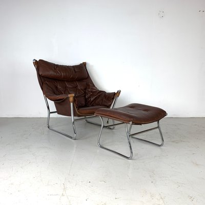 Brown Leather Sling Chair Ottoman By, Vintage Leather And Chrome Sling Chair